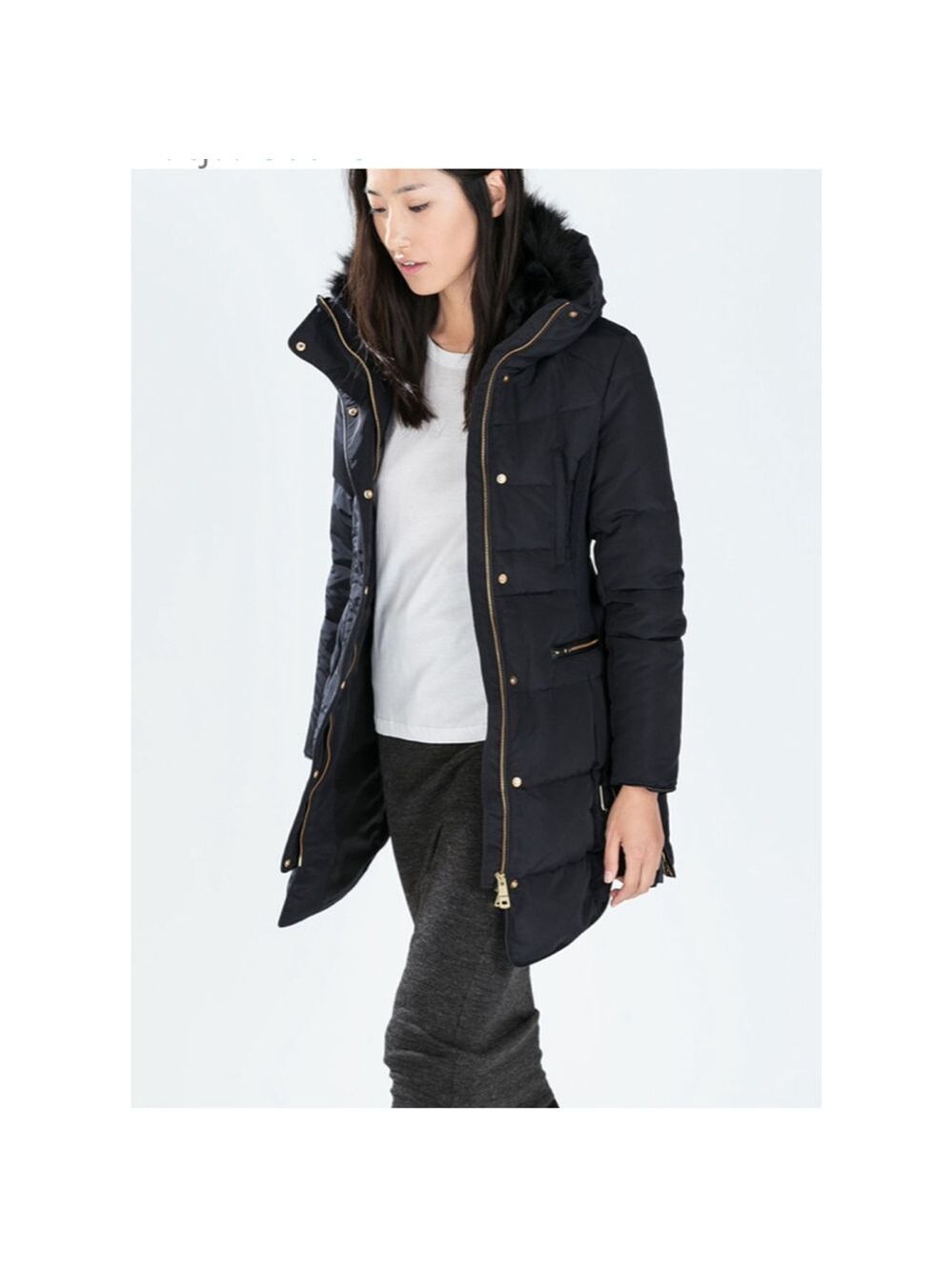 Women's Ricki's Black Puffer Coat with Faux Fur Hood & Gold Zippers M
